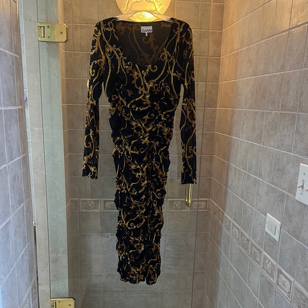 Ganni Black and Gold Bodycon Long Sleeve Dress